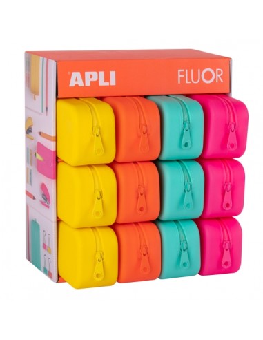 Apli Fluor Expositor de 12 Estuches de Silicona Rectangular - Resistentes al Agua - Medidas 75x185x55mm - Colores Surtidos