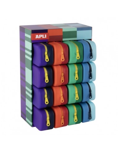 Apli Bright Bicolor Expositor de 16 Estuches de Silicona Rectangulares Bicolor - Cremallera Repelente al Agua - Medidas
