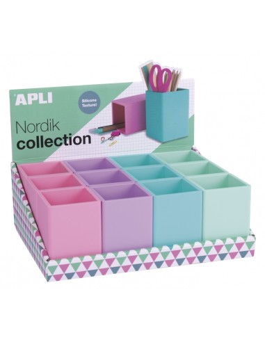 Apli Nordik Expositor de 12 Portalapices Silicona Cuadrados - Medidas 70x70x95mm - Colores Surtidos