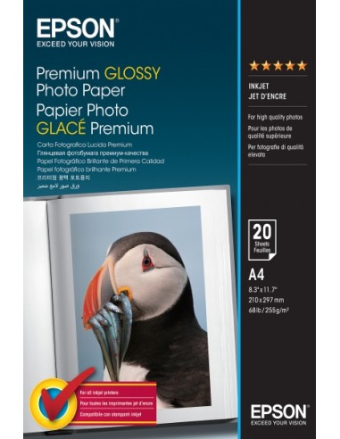 Epson Premium Glossy Photo Pack de 20 Hojas de Papel Fotografico - A4 - Gramaje de 255g m2 - Acabado Brillante - Compatible