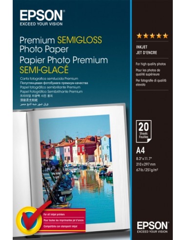 Epson Premium Semiglossy Photo Pack de 20 Hojas de Papel Fotografico - A4 - Gramaje de 251g m2 - Acabado Semibrillante -