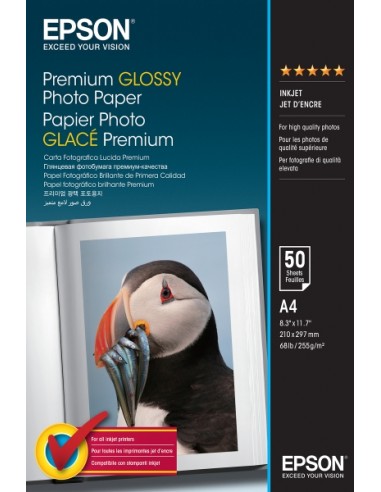 Epson Premium Glossy Photo Pack de 50 Hojas de Papel Fotografico - A4 - Gramaje de 255g m2 - Acabado Brillante - Compatible