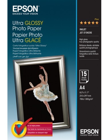 Epson Ultra Glossy Photo Pack de 15 Hojas de Papel Fotografico - A4 - Gramaje de 300g m2 - Acabado Brillante - Compatible con