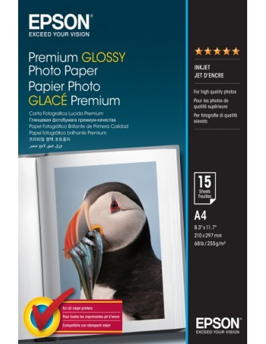 Epson Premium Glossy Photo Pack de 15 Hojas de Papel Fotografico - A4 - Gramaje de 255g m2 - Acabado Brillante - Compatible