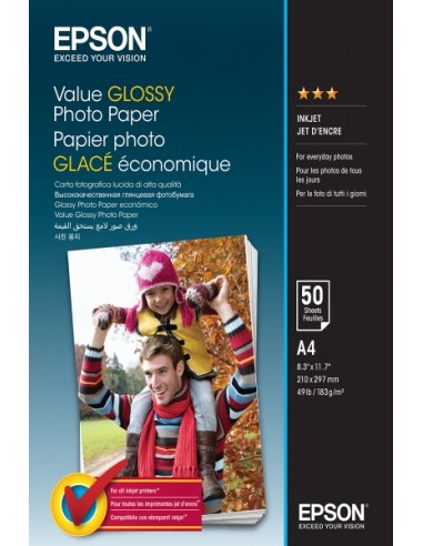 Epson Value Glossy Photo Pack de 50 Hojas de Papel Fotografico - A4 - Gramaje de 183g m2 - Acabado Brillante - Compatible con