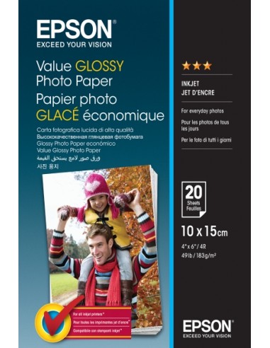 Epson Value Glossy Photo Pack de 20 Hojas de Papel Fotografico - 10x15cm - Gramaje de 183g m2 - Acabado Brillante -