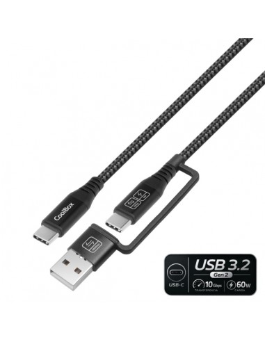 CoolBox Cable USB-C a USB-C 3.2 con Adaptador a USB-A-- 60W - Longitud 1 8m - Color Negro