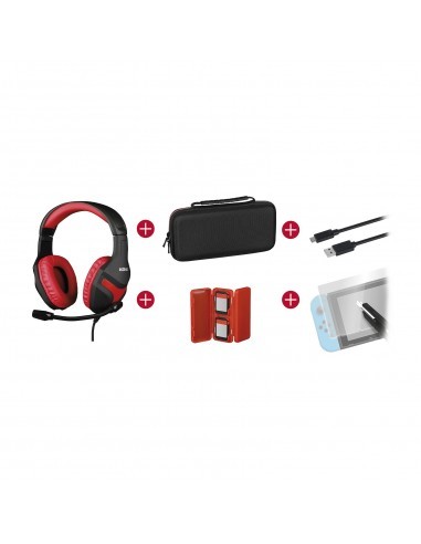 Konix Mythics Gamer Switch Pack Auriculares-Funda de Transporte-Protector Pantalla Vidrio Templado-Estuche para 4