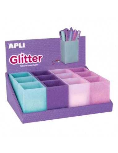 Apli Nordik Expositor de 12 Portalapices Silicona con Purpurina Cuadrados - Medidas 70x70x95mm - Colores Glitter Surtidos