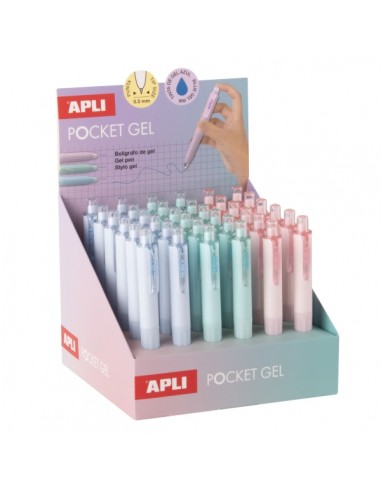 Apli Pocket Gel Expositor con 36 Mini Boligrafos de Tinta Gel Retractiles - Tinta Color Azul - Cuerpo de Diferentes Colores