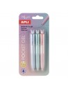 Apli Pocket Gel Blister de 3 Mini Boligrafos de Tinta Gel Retractiles - Tinta Color Azul - Cuerpo de Diferentes Colores Pastel