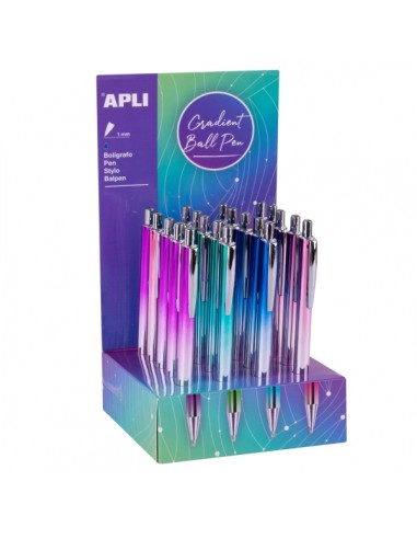 Apli Gradient Expositor con 20 Boligrafos Metalicos Retractiles - Punta de 1mm - Tinta Color Azul - Colores Gradient Surtidos