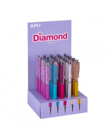 Apli Diamond Expositor con 25 Boligrafos Metalicos Retractiles - Mecanismo de Giro - Punta de 1mm - Tinta Color Azul -