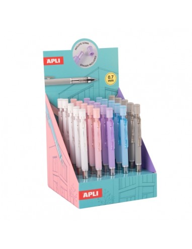 Apli Shake Expositor con 25 Portaminas 0.7mm - Permiten que la Mina Salga al Agitarlos - Con Goma - Colores Surtidos