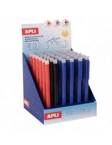 Apli Erasable Gel Expositor con 36 Boligrafos de Tinta Gel Borrables - Punta de 0 5mm - Zona de Agarre de Silicona - Colores