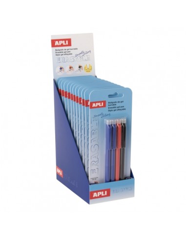 Apli Erasable Gel Expositor de 12 Blisters con 4 Boligrafos de Tinta Gel Borrables cada Uno - Punta de 0 5mm - Zona de Agarre