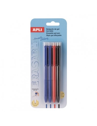 Apli Erasable Gel Blister con 4 Boligrafos de Tinta Gel Borrables cada Uno - Punta de 0 5mm - Zona de Agarre de Silicona -