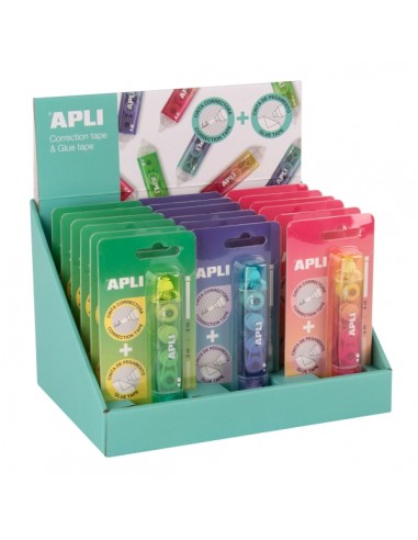 Apli Correct & Glue Expositor de 18 Correctores-Adhesivo 2 en 1 - Aplicacion Limpia y Precisa - Rapida Cobertura - Cuerpo