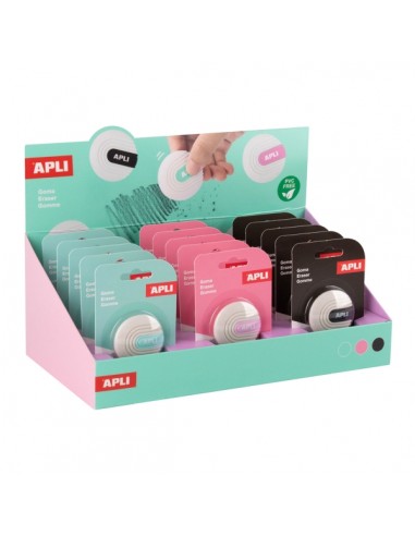 Apli Expositor con 15 Gomas de Borrar - Forma Redonda - Sin PVC - Color Blanco con Detalle en Verde-Azul y Negro