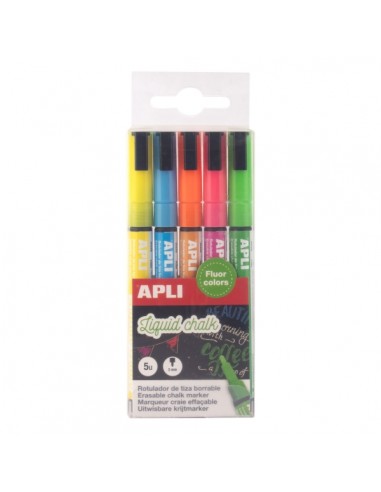 Apli Pack de 5 Rotuladores de Tiza Liquida - Punta Redonda 3mm - Secado Rapido - Colores Fluor Surtidos