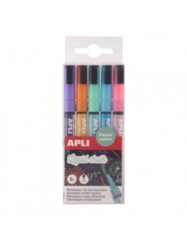 Apli Pack de 5 Rotuladores de Tiza Liquida - Punta Redonda 3mm - Secado Rapido - Colores Patel Surtidos