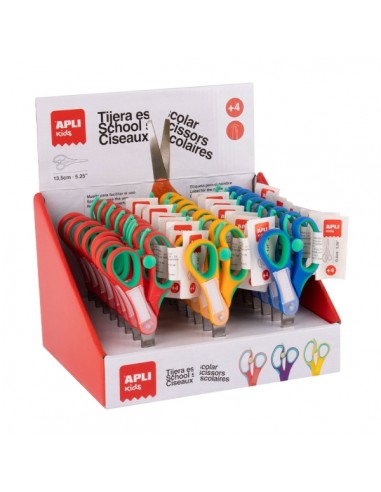 Apli Kids Expositor con 24 Tijeras Escolares 13 cm - Punta Redondeada - Ergonomicas - Espacio para el Nombre - Uso