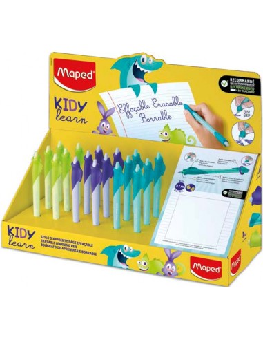 Maped Kidy Lern Magic Expositor con 18 Boligrafos Borrables con Guia para Dedos - Modelos Tiburon-Conejo y Camaleon - Tinta