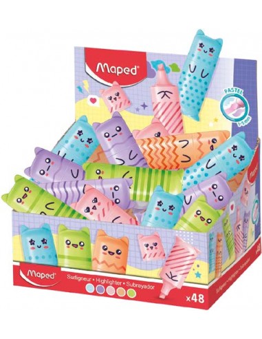 Maped Kawaii Expositor con 48 Mini Marcadores Fluorescentes Pastel - Divertidos DiseÃ±os Kawaii - Trazo de 1 a 5mm - Ideal