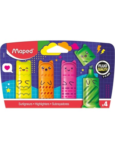 Maped Kawaii Pack con 4 Mini Marcadores Fluorescentes Neon - Divertidos DiseÃ±os Kawaii - Trazo de 1 a 5mm - Ideal para