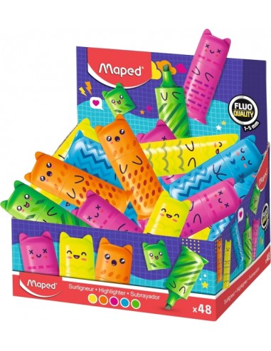 Maped Kawaii Expositor con 48 Mini Marcadores Fluorescentes Neon - Divertidos DiseÃ±os Kawaii - Trazo de 1 a 5mm - Ideal
