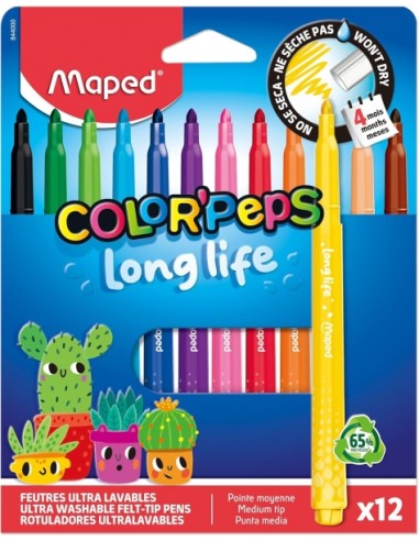 Maped Color`Peps Longlife Pack de 12 Rotuladores con Punta Media Bloqueada 3.7mm - Tinta Lavable - Colores Surtidos
