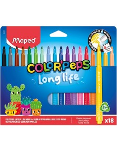 Maped Color`Peps Longlife Pack de 18 Rotuladores con Punta Media Bloqueada 3.7mm - Tinta Lavable - Colores Surtidos