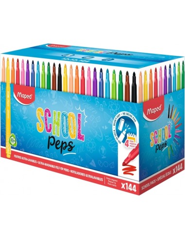 Maped Color`Peps Longlife School Pack de 144 Rotuladores con Punta Media Bloqueada 3.7mm - Tinta Lavable - Colores Surtidos