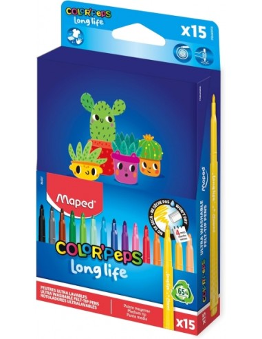 Maped Color`Peps Longlife Pack de 15 Rotuladores con Punta Media Bloqueada 3.7mm - Tinta Lavable - Colores Surtidos