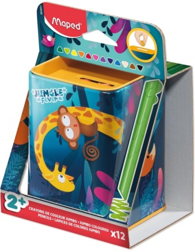 Maped Color`Peps Infinity Jumbo Jungle Caja Metalica con 12 Lapices de Colores de Larga Duracion - La Caja tiene Funcion de