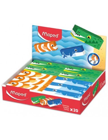 Maped Expositor de 20 Gomas de Borrar con 3 DiseÃ±os de Animales - Forma Rectangular - Sin Ftalatos - Colores Surtidos