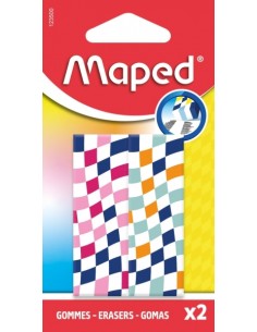 Maped Pack de 2 Gomas de Borrar con 3 DiseÃ±os Damero - Forma Rectangular - Sin Ftalatos - Colores Surtidos