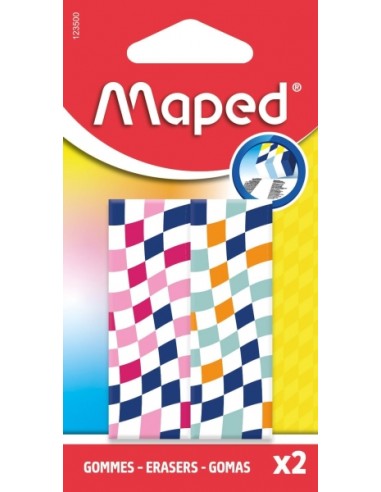 Maped Pack de 2 Gomas de Borrar con 3 DiseÃ±os Damero - Forma Rectangular - Sin Ftalatos - Colores Surtidos