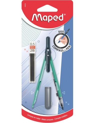 Maped Duo Pen Pack de Compas Duo-Cajita de Minas - Compas que se puede Utilizar como Portaminas - Clip de Bolsillo -