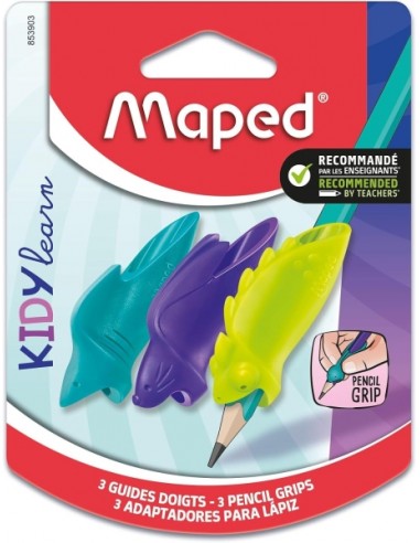 Maped Kidy Lern Pack de 3 Guias de Lapiz para Dedos - 3 Modelos Tiburon-Camaleon y Conejo - Apta para la Mayoria de Lapices