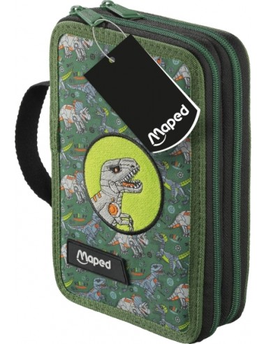 Maped Dinosaurio Estuche de 2 Pisos con 38 Articulos-Goma de Borrar-Sacapuntas-Lapiz de Grafito HB-2 Boligrafos-Regla