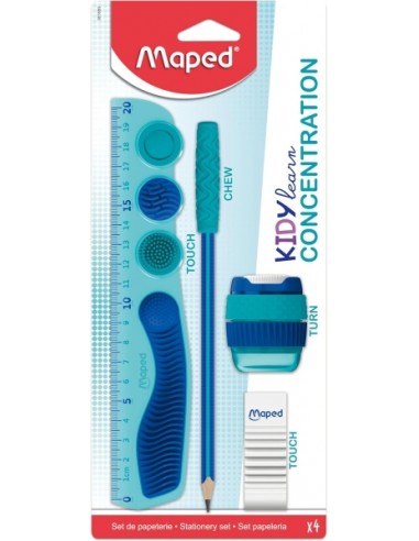 Maped Kidy Lern Concentration Pack con Regla 20cm-Sacapuntas-Goma de Borrar-Lapiz - DiseÃ±ados para Ayudar a la