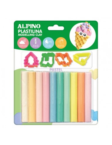 Alpino Pack con 10 Barras de Plastilina 17gr-4 Moldes - Muy Flexible - Pueden Mezclarse - Sin Gluten - Colores Pastel