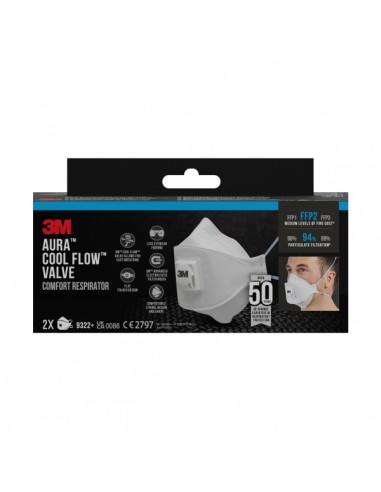 3M Aura Comfort Cool Flow Pack de 2 Mascarillas para Particulas FFP2 - Desechable - con Valvula - para Niveles Medios de