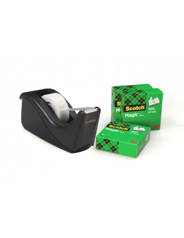 Scotch Pack de Dispensador de Cinta Adhesiva-4 Cintas Adhesivas Scotch Magic - Para Cintas de hasta 19mm x 33m - Color Negro