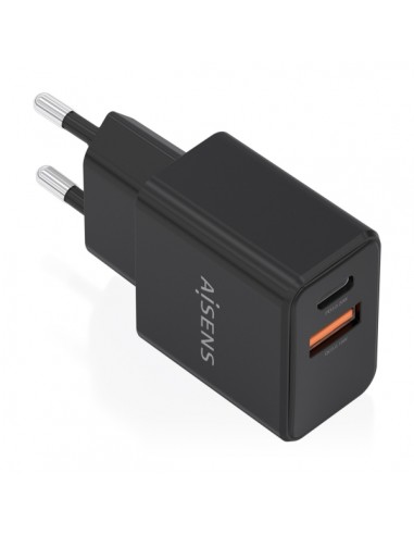 Aisens Cargador Gan 20W - 1xUSB-C PD3.0 - 1xUSB-A QC3.0 - Color Negro