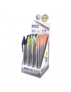 Milan P1 Silver Expositor de 20 Boligrafos de Bola Retractiles - Punta Redonda 1mm - Cuerpo Plateado con Clip de Colores