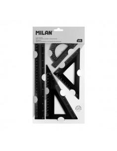 Milan Shadow Pack de 4 Reglas - Regla 30cm-Escuadra-Cartabon y Transportador de Angulos - Plastico Rigido - Opaca -