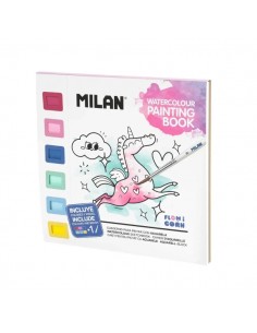 Milan Flowicorn Cuaderno para Colorear con Acuarelas y Pincel - Tematica Unicornios-Flores y Corazones - 16 Paginas con