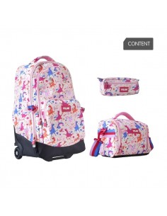 Milan Flowicorn Pack de Mochila con Ruedas 25L-Bolsa Isotermica Porta Alimentos de 5L-Estuche de 2 Cremalleras